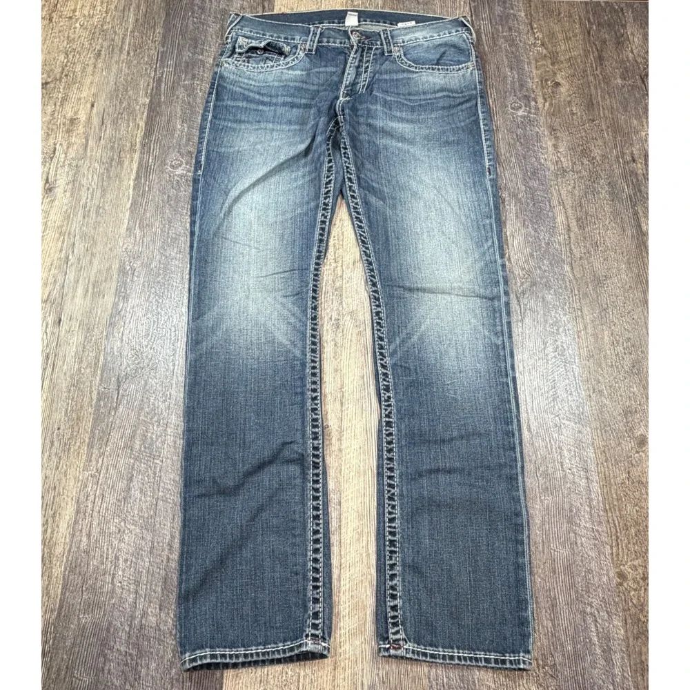 True Religion Slim Flap Pocket Big T Burgundy Stitch Jeans Mens 34x34 Blue Denim